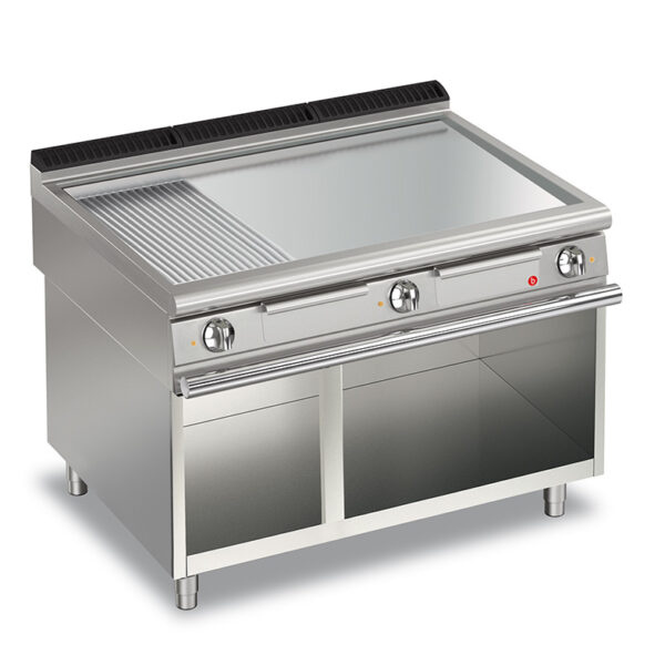 Elektrisk stekhäll BARON Q90FTV/E1225 med slät & 1/3 räfflat kromat stekplatta, på öppet stativ, 1200x900mm, 22,5kW