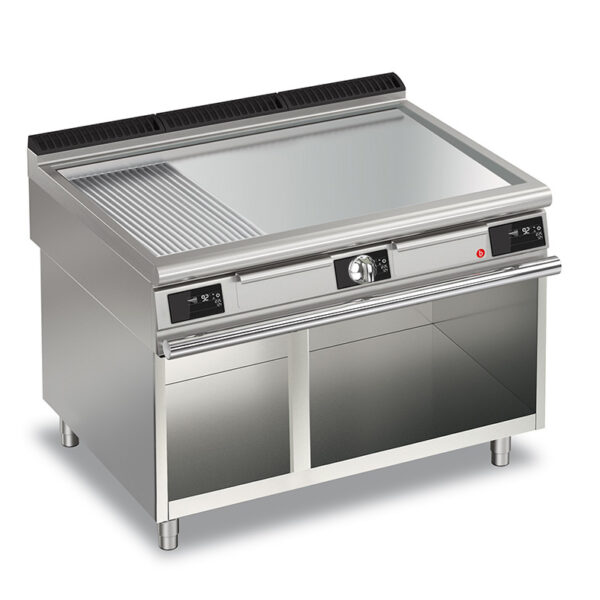 Elektrisk stekhäll BARON QT90FTV/E1223-T4W med slät & 1/3 räfflat stekplatta i AISI430 stål, på öppet stativ, 1200x900mm, 16,2kW, Touchscreen