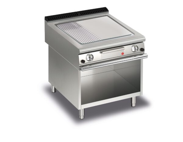 Elektrisk stekhäll BARON Q70SFTTV/G825 med slät & 1/3 räfflad kromat stekplatta, på öppet stativ, 800x700mm, 12kW
