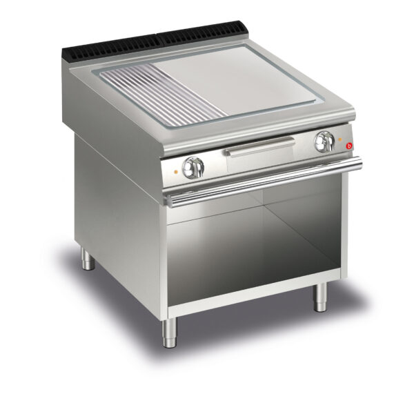 Elektrisk stekhäll BARON Q70SFTV/E823 med slät & 1/3 räfflad stekplatta i AISI430, på öppet stativ, 800x700mm, 10,8kW