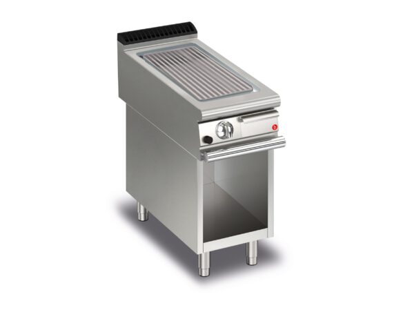 Gas stekhäll BARON Q90SFTTV/G415 med räfflad kromat stekplatta, på öppet stativ, 400x900mm, 10kW