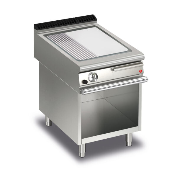 Gas stekhäll BARON Q90SFTTV/G625 med slät & 1/3 räfflad kromat stekplatta, på öppet stativ, 600x900mm, 14kW