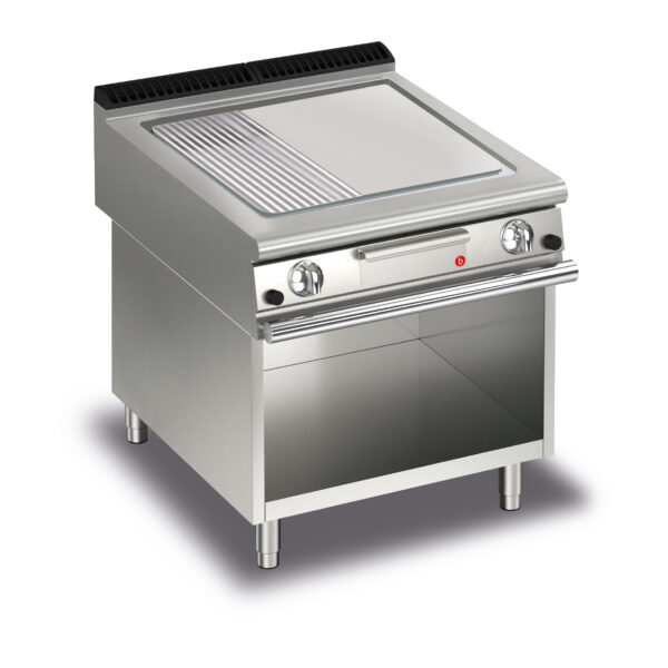 Gas stekhäll BARON Q90SFTTV/G825 med slät & 1/3 räfflad kromat stekplatta, på öppet stativ, 800x900mm, 20kW
