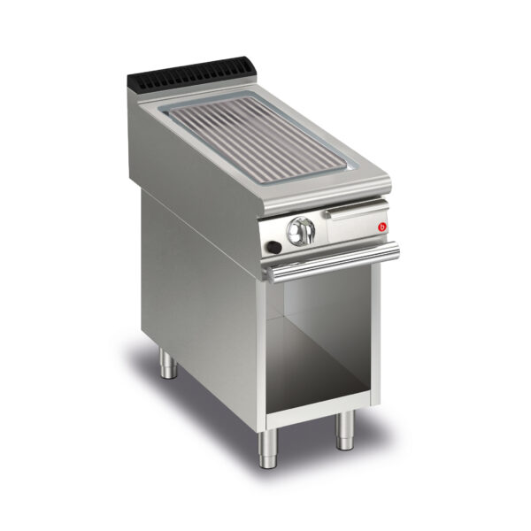 Gas stekhäll BARON Q90SFTV/G413 med räfflad stekplatta, i AISI430 stål, på öppet stativ, 400x900mm, 7kW