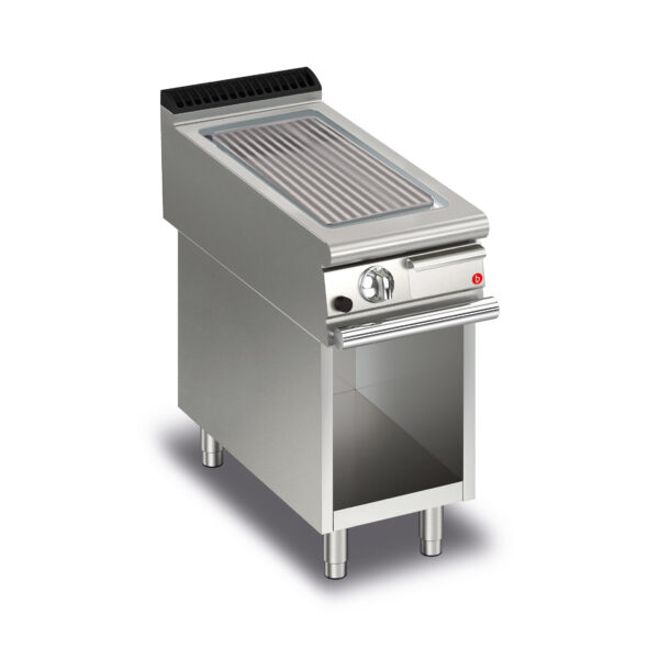 Gas stekhäll BARON Q90SFTTV/G413 med räfflad stekplatta, i AISI430 stål, på öppet stativ, 400x900mm, 10kW