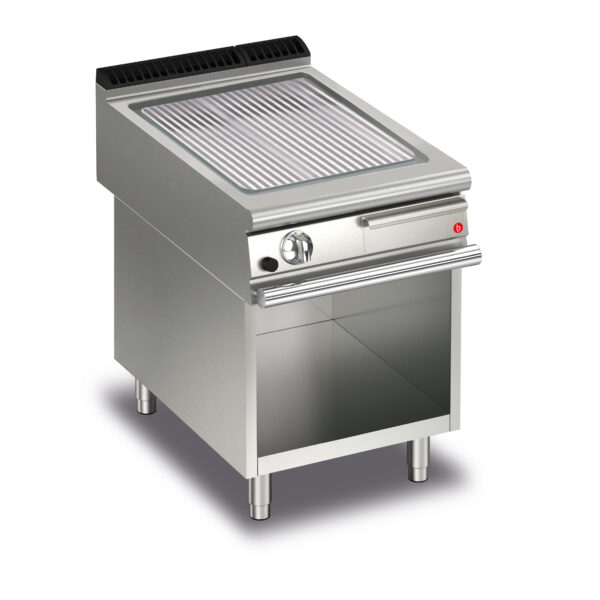 Gas stekhäll BARON Q90SFTV/G613 med räfflad stekplatta, i AISI430 stål, på öppet stativ, 600x900mm, 11kW