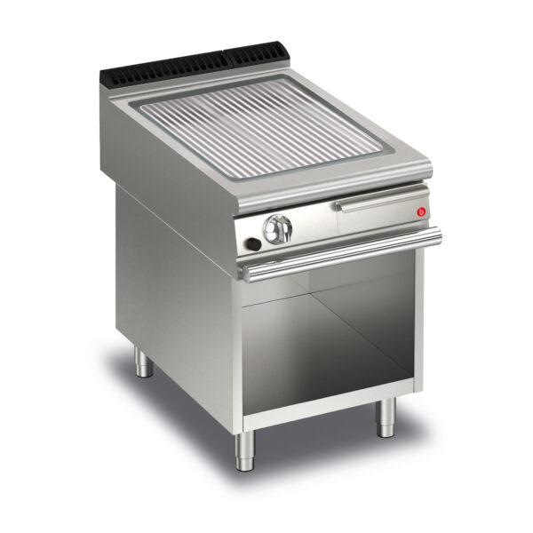 Gas stekhäll BARON Q90SFTTV/G613 med räfflad stekplatta, i AISI430 stål, på öppet stativ, 600x900mm, 14kW