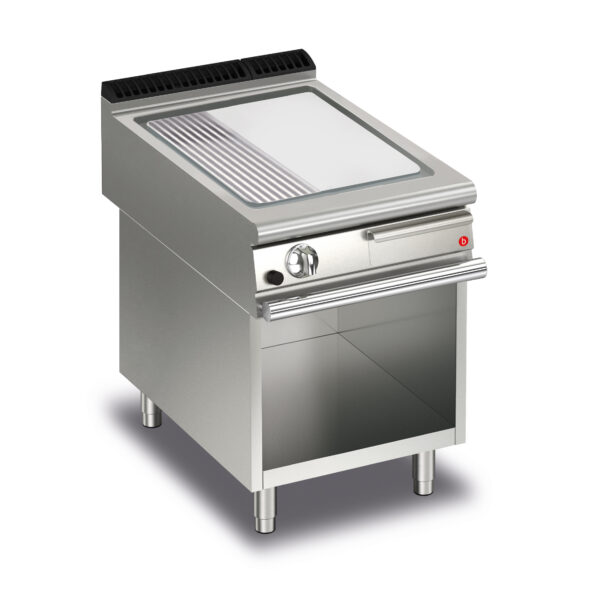 Gas stekhäll BARON Q90SFTV/G623 med slät & 1/3 räfflad stekplatta, i AISI430 stål, på öppet stativ, 60x9000mm, 11kW