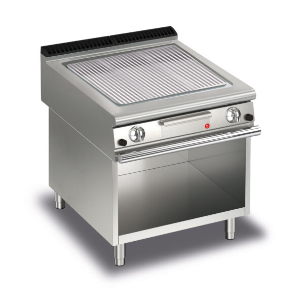 Gas stekhäll BARON Q90SFTV/G813 med räfflad stekplatta, i AISI430 stål, på öppet stativ, 800x900mm, 14kW