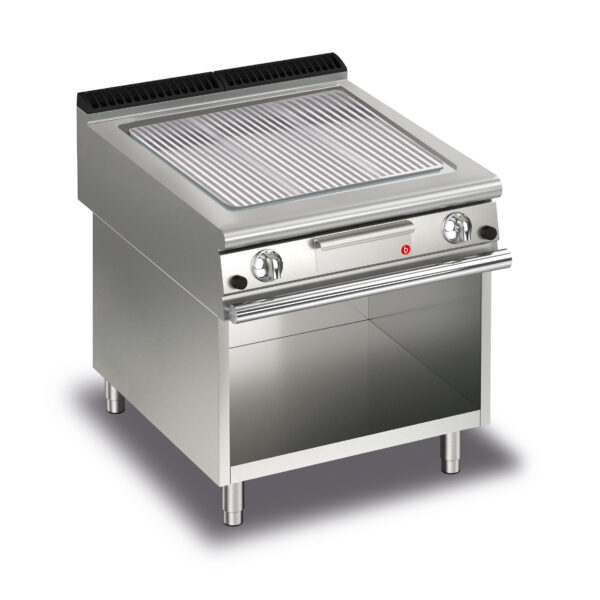 Gas stekhäll BARON Q90SFTTV/G813 med räfflad stekplatta, i AISI430 stål, på öppet stativ, 800x900mm, 14kW