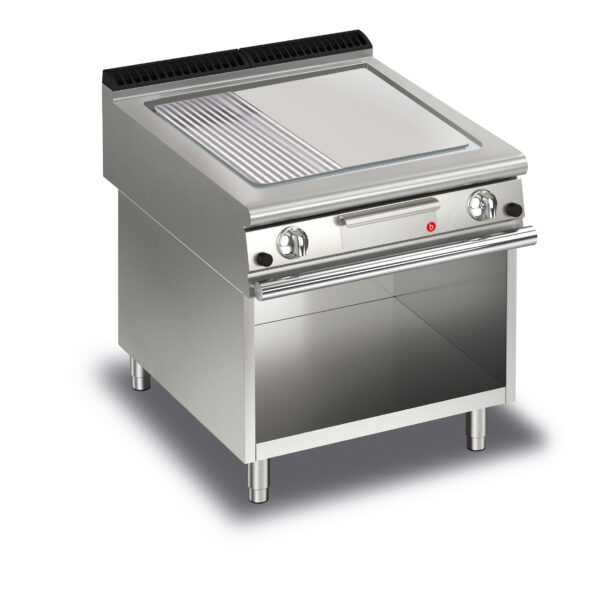 Gas stekhäll BARON Q90SFTTV/G823 med slät & 1/3 räfflad stekplatta, i AISI430 stål, på öppet stativ, 800x900mm, 20kW