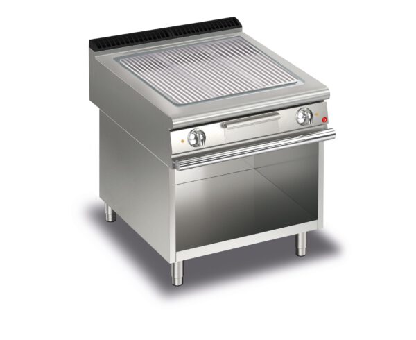 Elektrisk stekhäll BARON Q90SFTV/E815 med räfflat kromat stekplatta, på öppet stativ, 800x900mm, 15kW