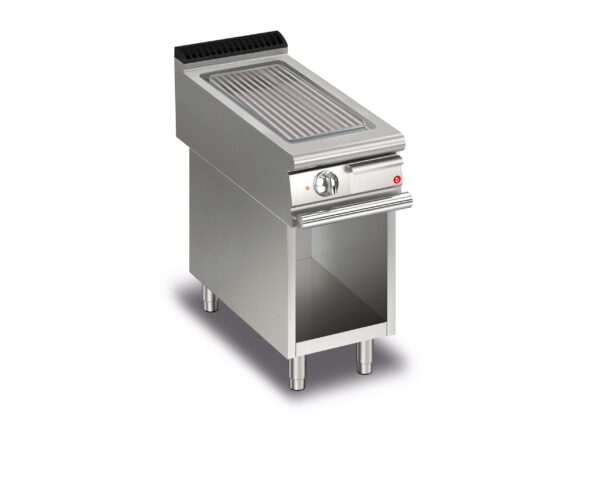 Elektrisk stekhäll BARON Q90SFTV/E413 med räfflad stekplatta i AISI430 stål, på öppet stativ, 400x900mm, 5kW