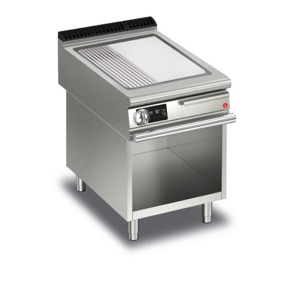 Elektrisk stekhäll BARON QT90SFTV/E623-T4W med slät & 1/3 räfflat stekplatta i AISI430 stål, på öppet stativ, 600x900mm, 10,5kW, Touchscreen