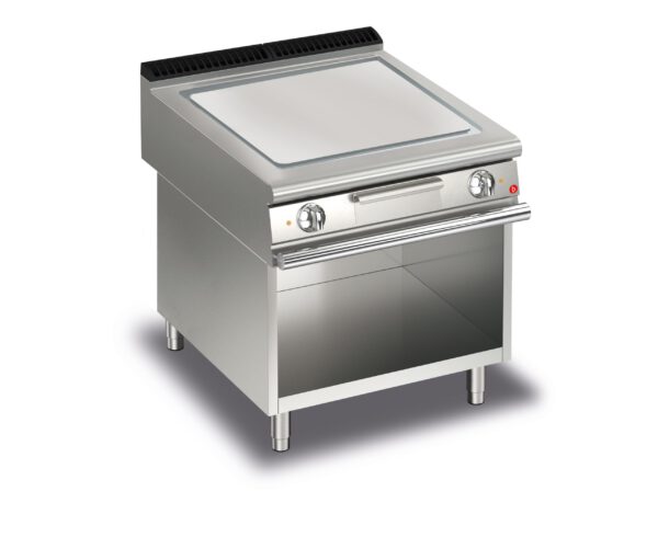 Elektrisk stekhäll BARON Q90SFTV/E813 med räfflad stekplatta i AISI430 stål, på öppet stativ, 800x900mm, 15kW