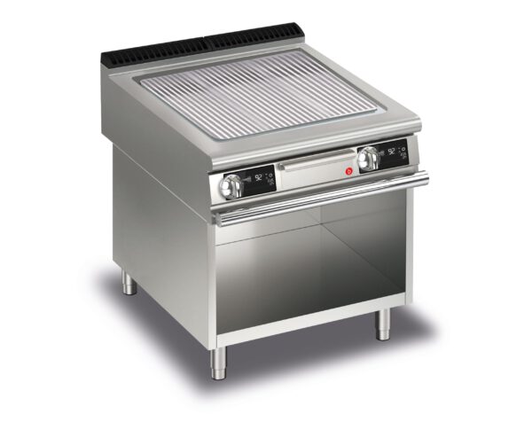 Elektrisk stekhäll BARON QT90SFTV/E813-T4W med räfflat stekplatta i AISI430 stål, på öppet stativ, 800x900mm, 15kW, Touchscreen
