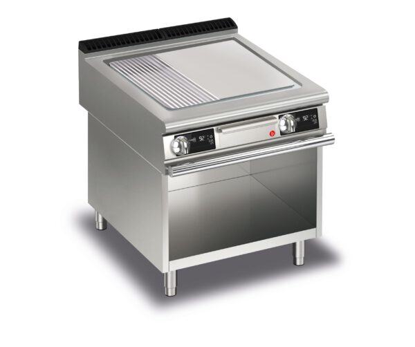 Elektrisk stekhäll BARON QT90SFTV/E823-T4W med slät & 1/3 räfflat stekplatta i AISI430 stål, på öppet stativ, 800x900mm, 15kW, Touchscreen